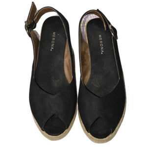 MERONA BLACK PEEP TOE WEDGES SIZE 7.5